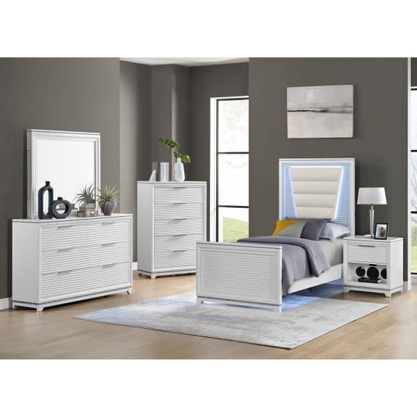 Denmark - Twin Upholstered 5 Piece Bedroom Set With LED - White