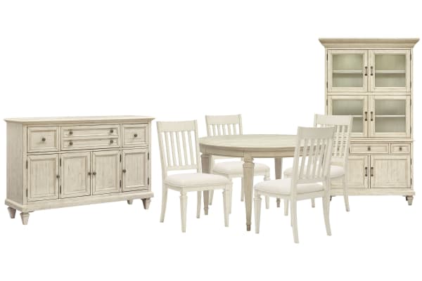 Newport - Extendable Round Dining Table With 4 Side Chairs, Buffet And Dining Cabinet - Alabaster