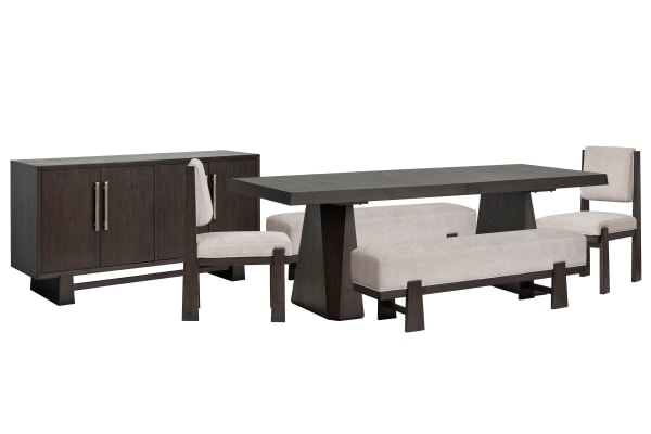 Tauren - Double Pedestal Dining Table With 2 Benches, 2 Upholstered Side Chairs And Buffet - Coffee Bean / Beige