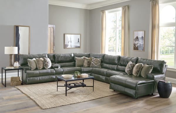 Como - 7 Piece Italian Leather Match Manual Reclining Sectional With 2 Reclining Seats And RSF Chaise - Steel