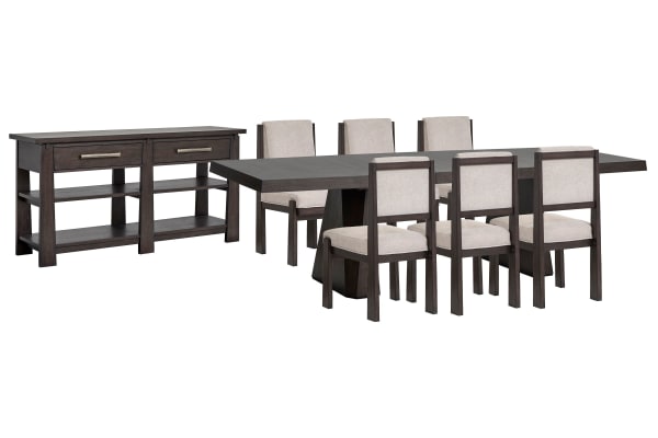 Tauren - Extendable Double Pedestal Dining Table With 6 Upholstered Side Chairs And Sideboard - Coffee Bean / Beige