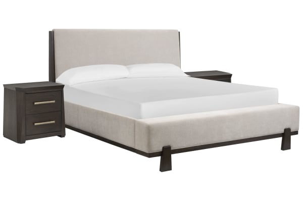 Tauren - King Upholstered Panel Bed With 2 Nightstands - Coffee Bean / Beige