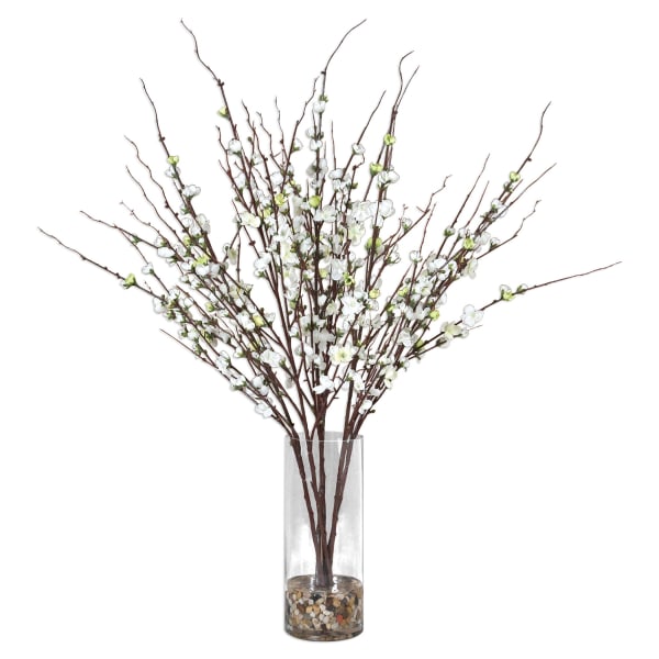 Quince Blossoms Silk Centerpiece - Plant In A Clear Glass Vase - Dark Brown