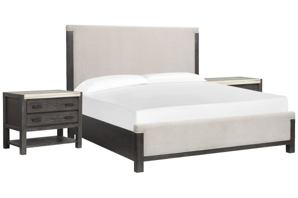 Plum Creek - California King Upholstered Panel Bed With 2 Open Nightstands - Ravenwood Black / White