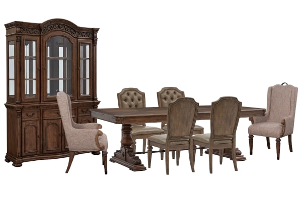 Durango - Extendable Trestle Dining Table With 4 Upholstered Side Chairs, 2 Host Chairs, Buffet And Hutch - Willadeene Brown / Gray