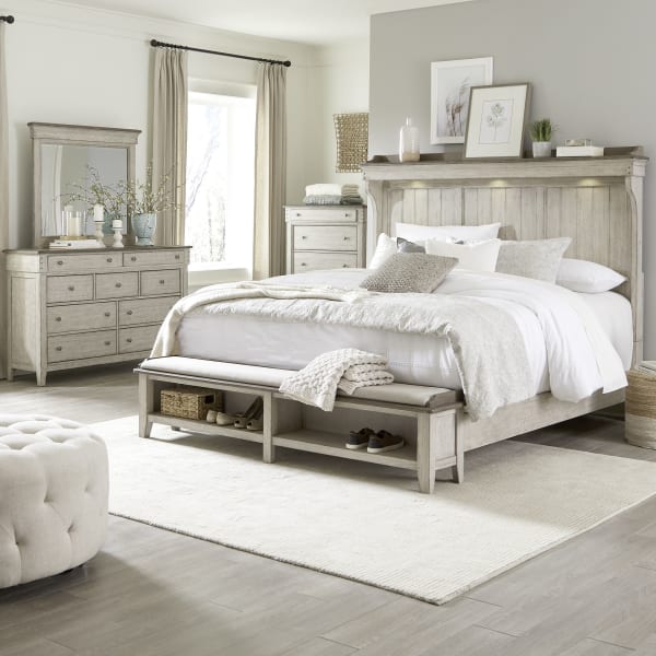 Ivy Hollow - 4 Piece Bedroom Set (Queen Mantle Storage Bed, Dresser & Mirror, Chest) - White