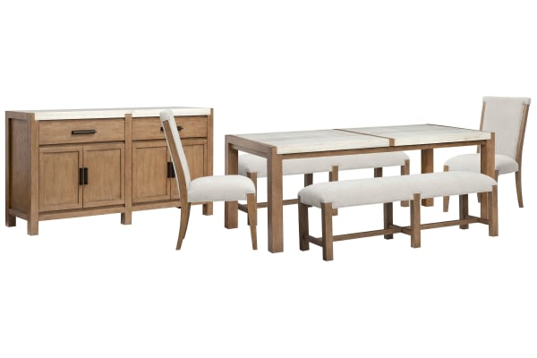 Plum Creek - Rectangular Dining Table With 2 Benches, 2 Upholstered Side Chairs And Server - Sierra Brown