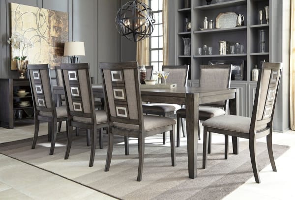 Chadoni - Gray - 10 Pc. - Rectangular Dining Room Extension Table, 8 Upholstered Side Chairs, Server