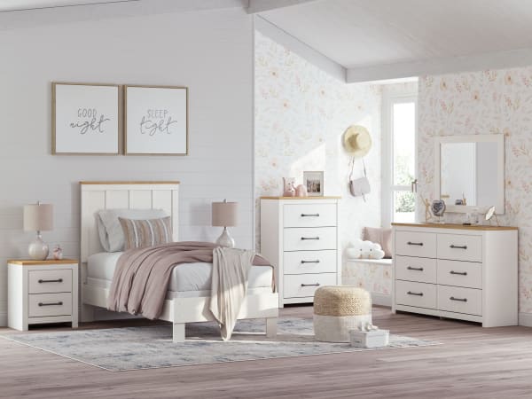 Linnocreek - White / Warm Brown - 4 Pc. - Dresser, Mirror, Twin Panel Bed