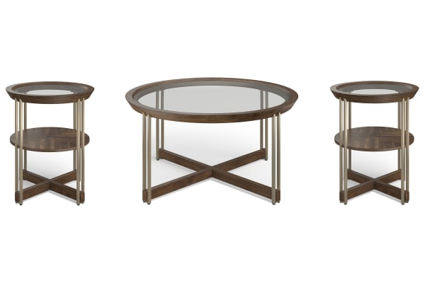 Elora - Round Cocktail Table With 2 End Tables - Walnut And Tarnished Silver And Clear Glass