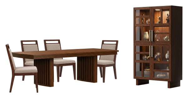 Reena - Extendable Trestle Dining Table With 4 Side Chairs And Display Cabinet - Rich Brown / Beige