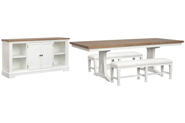 Kingston - Extendable Rectangular Dining Table With 2 Benches And Credenza - Whisper White And Cerused Nutmeg