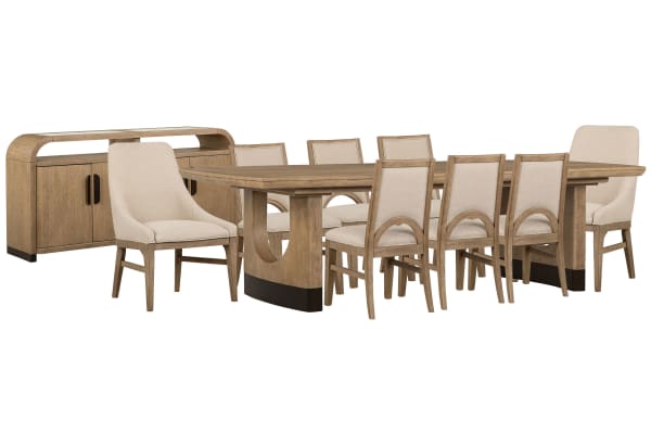 Tristan - Extendable Trestle Dining Table With 6 Side Chairs, 2 Arm Chairs And Sideboard - Swiss Coffee / Beige
