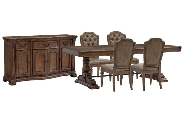 Durango - Extendable Trestle Dining Table With 4 Upholstered Side Chairs And Buffet - Willadeene Brown