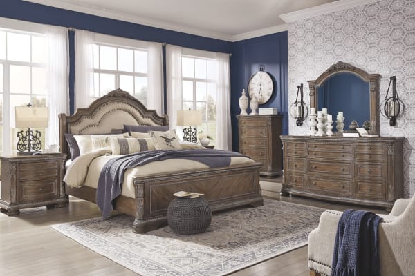Charmond - Brown - 5 Pc. - Dresser, Mirror, California King Upholstered Sleigh Bed
