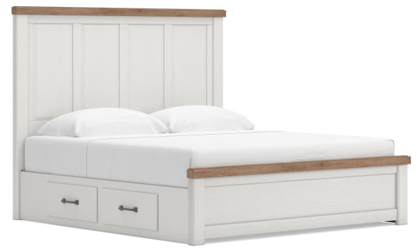 Savonport - King Panel Bed With 2 Under Bed Storage Units - White / Brown