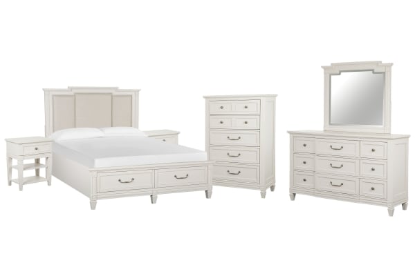 Willowbrook - California King Panel Upholstered Storage Bed, 2 Open Nightstands, Drawer Dresser With Landscape Mirror And Drawer Chest - Egg Shell White