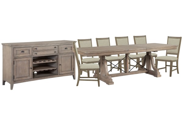 Paxton Place - Extendable Trestle Dining Table With 6 Step Upholstered Side Chairs And Buffet - Dovetail Gray