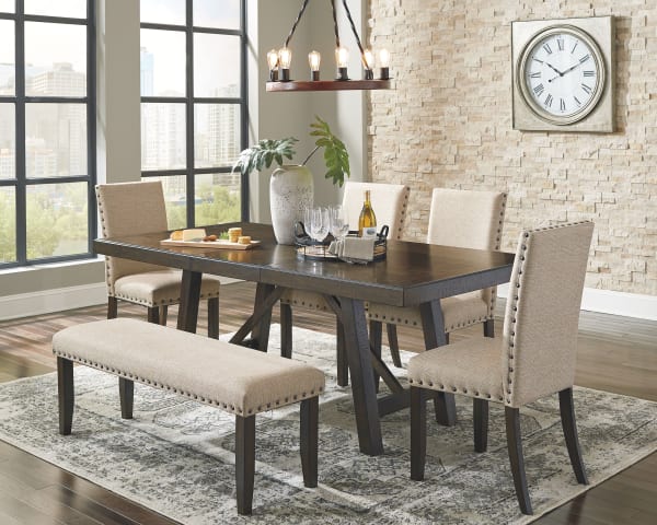 Rokane - Brown - 6 Pc. - Rectangular Dining Room Extension Table, 4 Chairs, Upholstered Bench