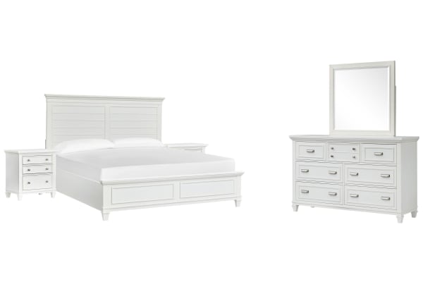 Charleston - King Panel Bed, 2 Nightstands And Drawer Dresser With Landscape Mirror - White Dove