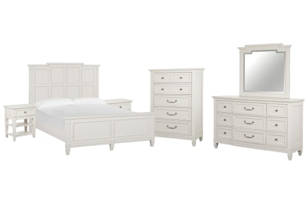 Willowbrook - California King Panel Bed, 2 Open Nightstands, Drawer Dresser With Landscape Mirror And Drawer Chest - Egg Shell White