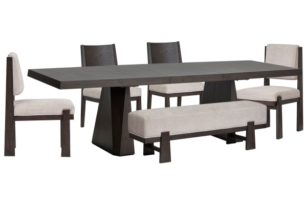 Tauren - Extendable Double Pedestal Dining Table With 2 Side Chairs, 2 Upholstered Side Chairs And Bench - Coffee Bean / Beige