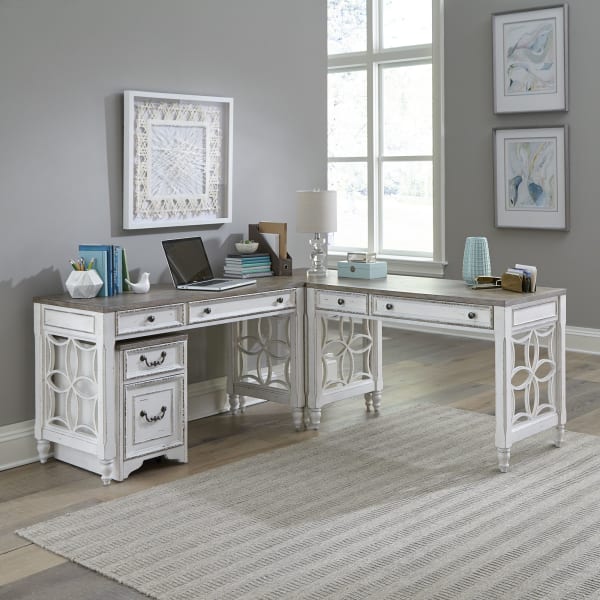 Magnolia Manor - 5 Piece Home Office Set (L Shaped Desk With Corner Filler) - White