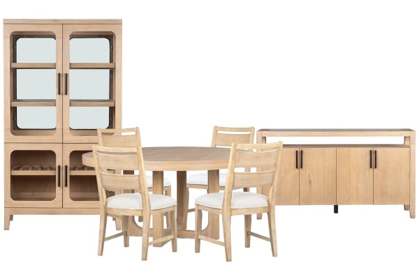 Somerset - Round Dining Table With 4 Side Chairs, Sideboard And Curio - Butternut / White