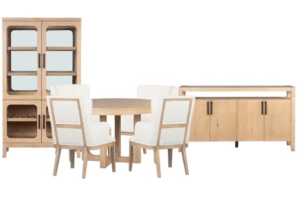 Somerset - Round Dining Table With 4 Arm Chairs, Sideboard And Curio - Butternut / White