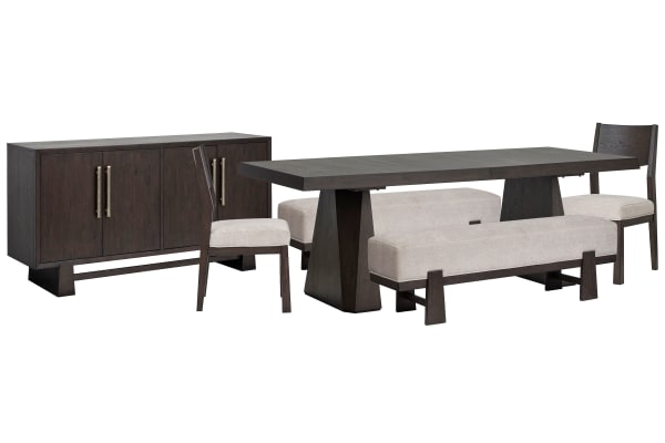 Tauren - Double Pedestal Dining Table With 2 Benches, 2 Side Chairs And Buffet - Coffee Bean / Beige