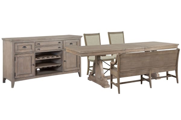 Paxton Place - Extendable Trestle Dining Table With 2 Step Upholstered Side Chairs, Bench And Buffet - Dovetail Gray