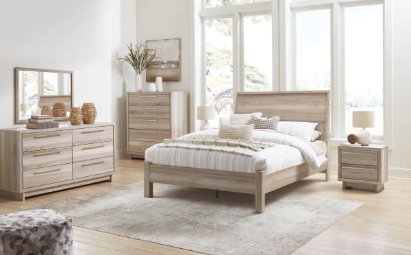 Hasbrick - Tan - 8 Pc. - Dresser, Mirror, Chest, Queen Panel Bed, 2 Nightstands