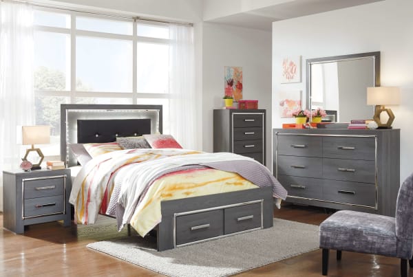 Lodanna - Gray - 7 Pc. - Dresser, Mirror, Chest, Full Panel Bed With 2 Storage Drawers, Nightstand