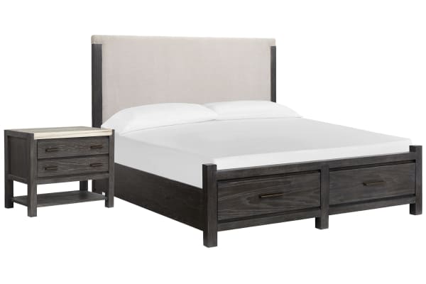 Plum Creek - California King Upholstered Panel Storage Bed With Open Nightstand - Ravenwood Black / White