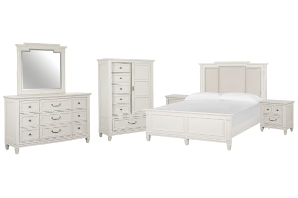 Willowbrook - King Panel Upholstered Bed, 2 Nightstands, Drawer Dresser With Landscape Mirror And Door Chest - Egg Shell White