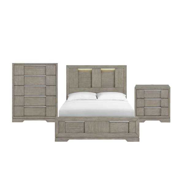 Kelis - Queen Panel 3 Piece Bedroom Set With LED - Gray