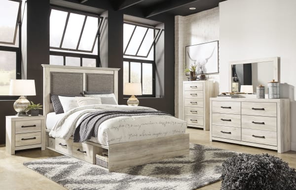 Cambeck - Whitewash - 7 Pc. - Dresser, Mirror, King Upholstered Panel Bed With 2 Side Under Bed Storage