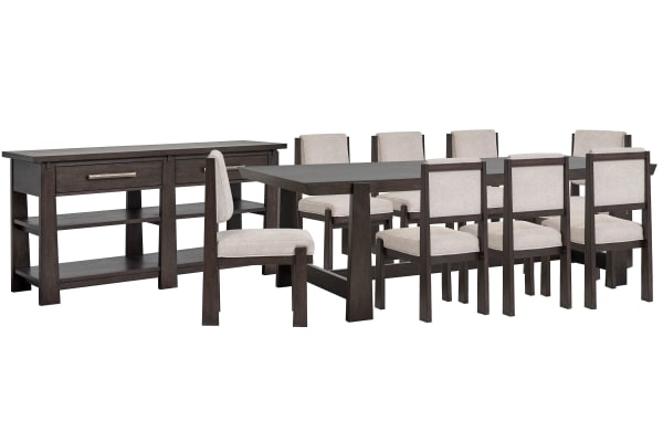 Tauren - Trestle Dining Table With 8 Upholstered Side Chairs And Sideboard - Coffee Bean / Beige