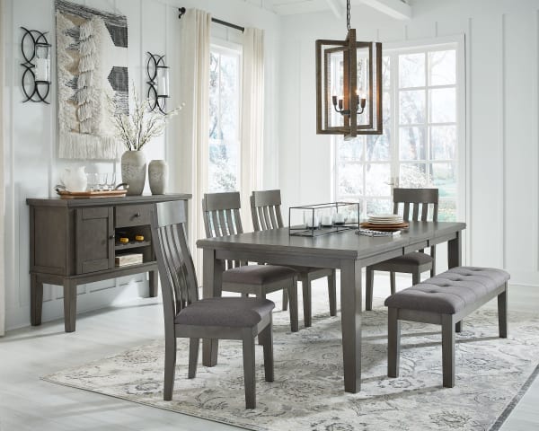 Hallanden - Black / Gray - 7 Pc. - Extension Table, 4 Side Chairs, Bench, Server