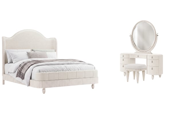 Vivienne - Queen Upholstered Panel Bed With Vanity Set - Whisper White