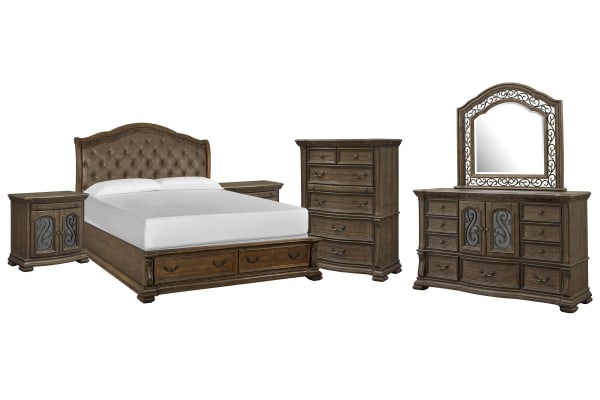 Durango - King Upholstered Sleigh Storage Bed, 2 Bachelor Chests, Drawer Dresser With Shaped Mirror And Drawer Chest - Willadeene Brown