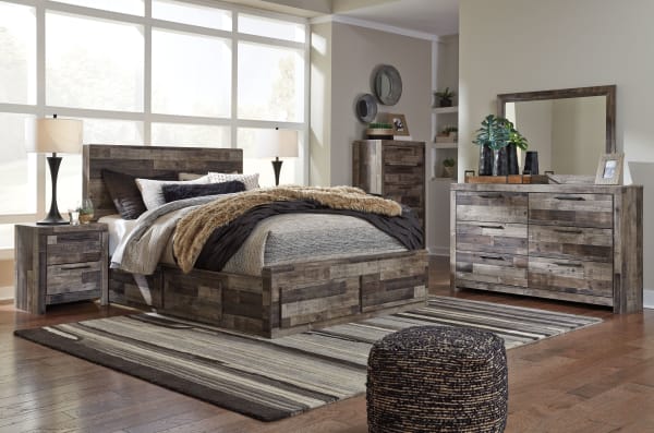 Derekson - Multi Gray - Queen Panel Bed With 4 Storage Drawers - 8 Pc. - Dresser, Mirror, Chest, Queen Bed