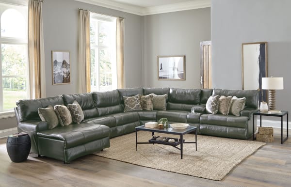 Como - 7 Piece Italian Leather Match Power Reclining Sectional With 2 Lay Flat Reclining Seats And LSF Chaise - Steel
