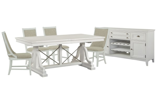 Heron Cove - Extendable Trestle Dining Table With 2 Upholstered Side Chairs, 2 Host Chairs And Buffet - Chalk White And Dovetail Gray