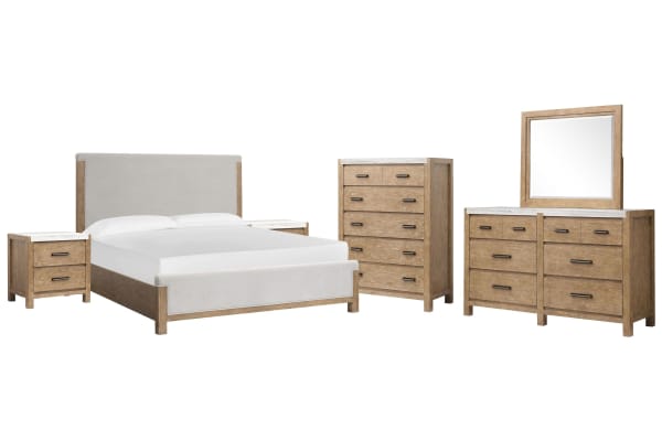Plum Creek - King Upholstered Panel Bed, 2 Nightstands, Drawer Dresser With Landscape Mirror And Drawer Chest - Sierra Brown / White