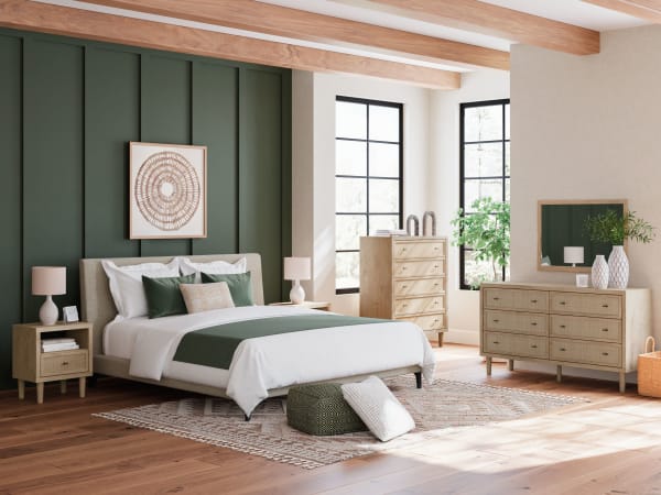 Cielden - Soft Gray / Beige - 5 Pc. - Dresser,  Mirror, King Upholstered Bed With Roll Slats, 2 Nightstands