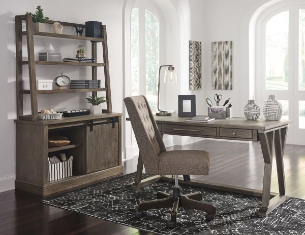 Luxenford - Grayish Brown - 4 Pc. - Large Leg Desk, Swivel Desk Chair, Credenza With Hutch