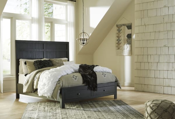 Noorbrook - Black - Queen Panel Bed with 2 Storage Drawers