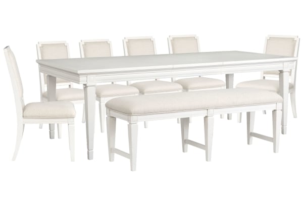 Willowbrook - Extendable Rectangular Dining Table With 6 Upholstered Side Chairs And Upholstered Bench - Egg Shell White