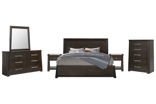 Tauren - Queen Panel Bed, 2 Open Nightstands, Double Drawer Dresser With Shaped Mirror And Drawer Chest - Coffee Bean